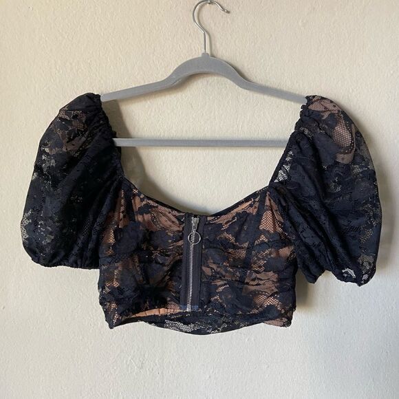 For Love And Lemons Rosalie Black Crop Top Lace Puff Sleeve Size S - Picture 6 of 8